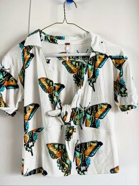 Free People White Top with Teal and Orange Butterfly Motif
